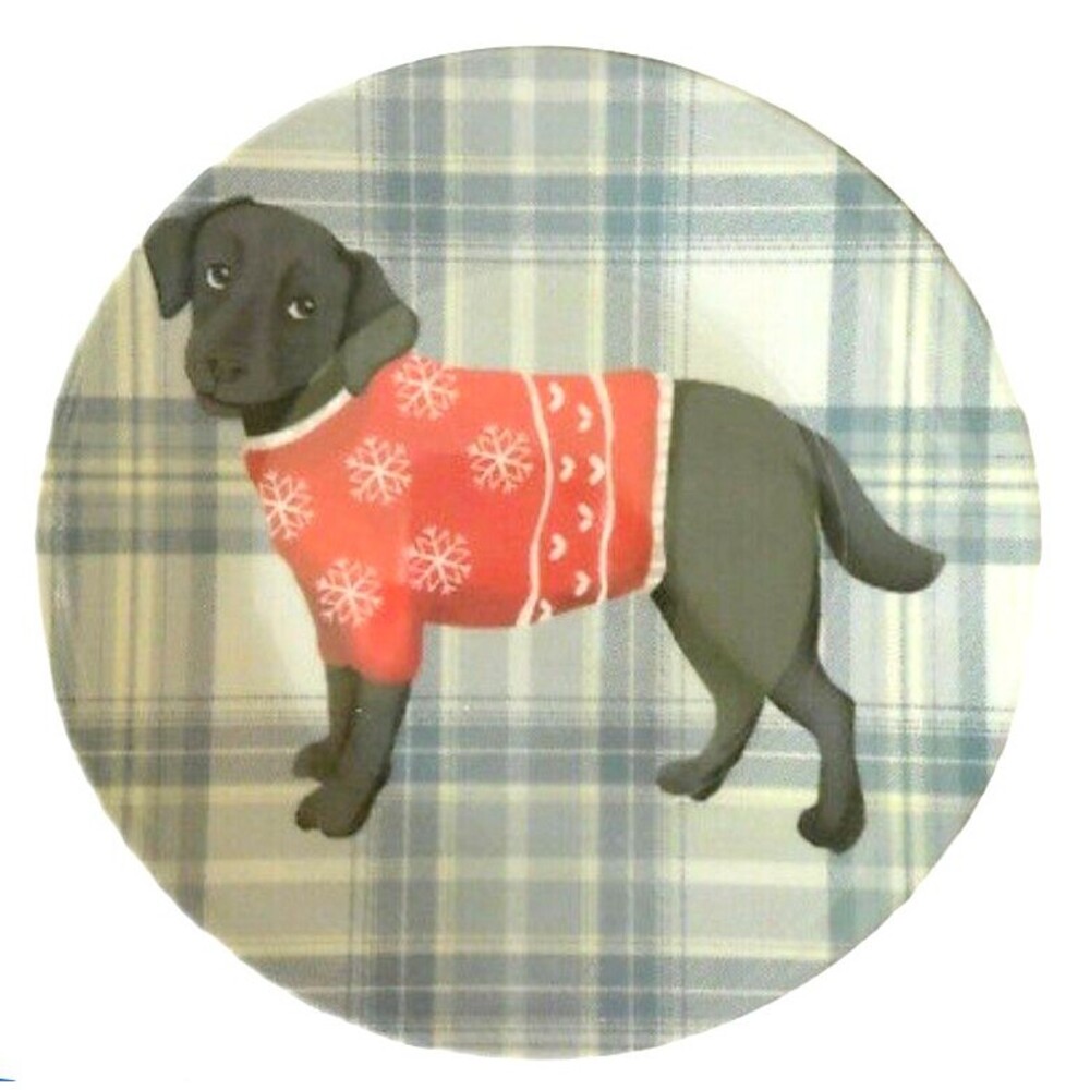 Christmas Black Lab Dog Melamine Plates 6" set of 4 Appetizer Tidbit Plaid